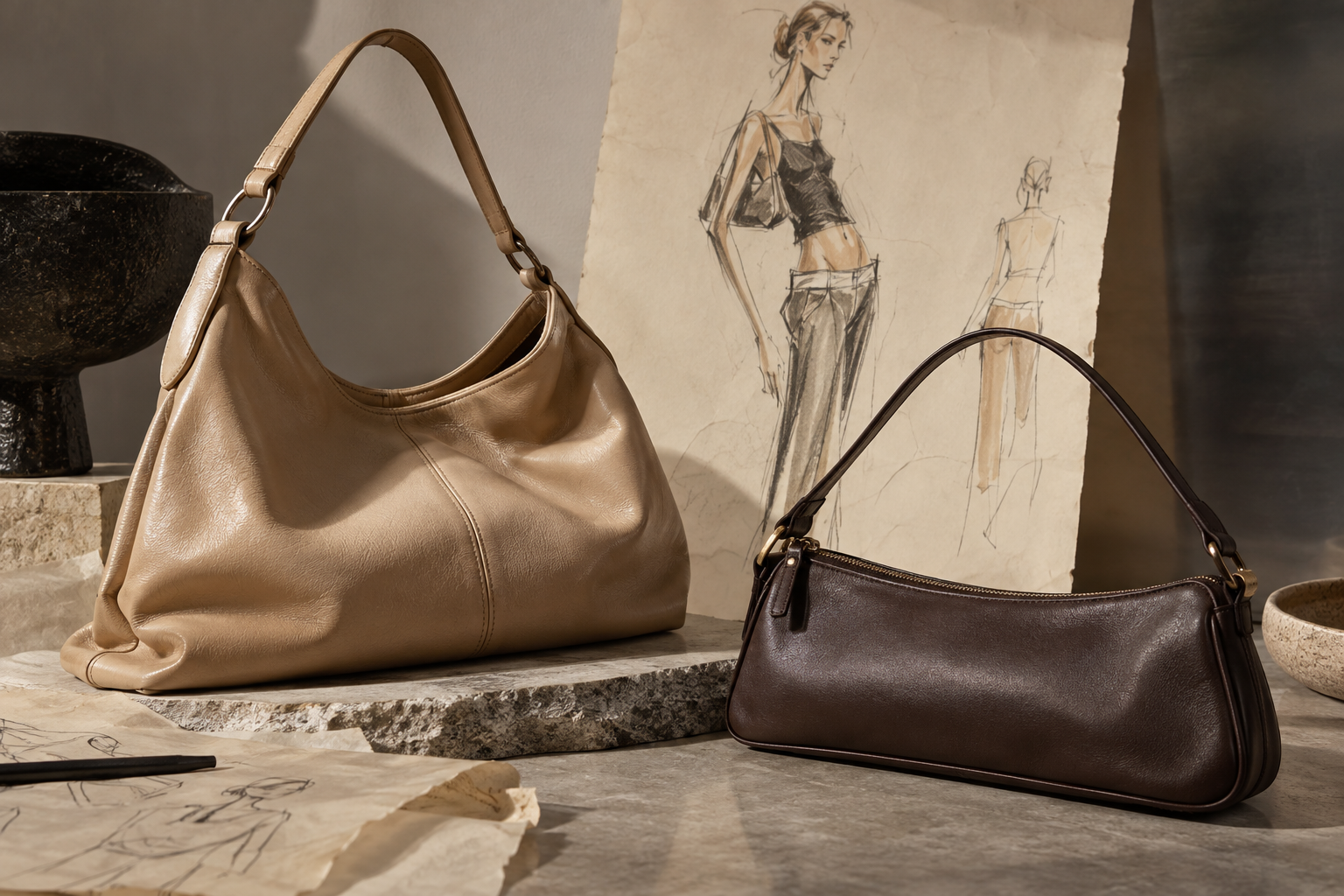 Two archival-inspired bags beside fashion sketches