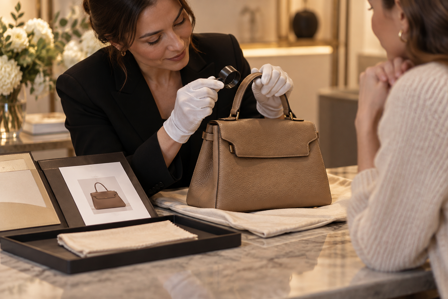 A specialist examining an unbranded pre-owned handbag
