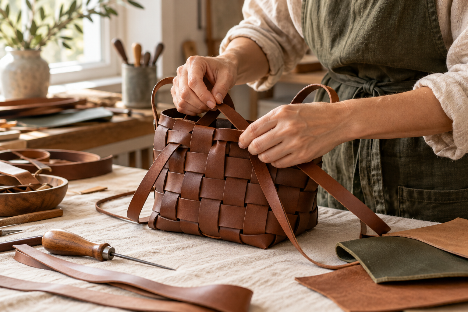 Hands weaving leather strips into an unbranded handbag