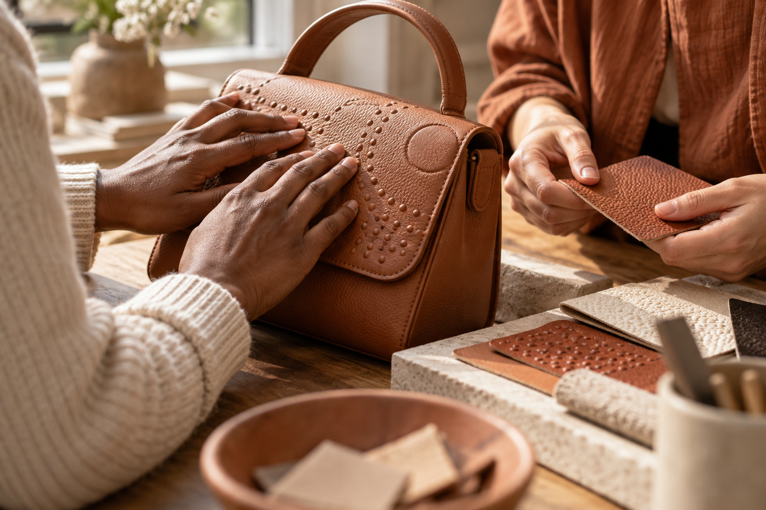 Hands exploring tactile details on an inclusive leather bag design