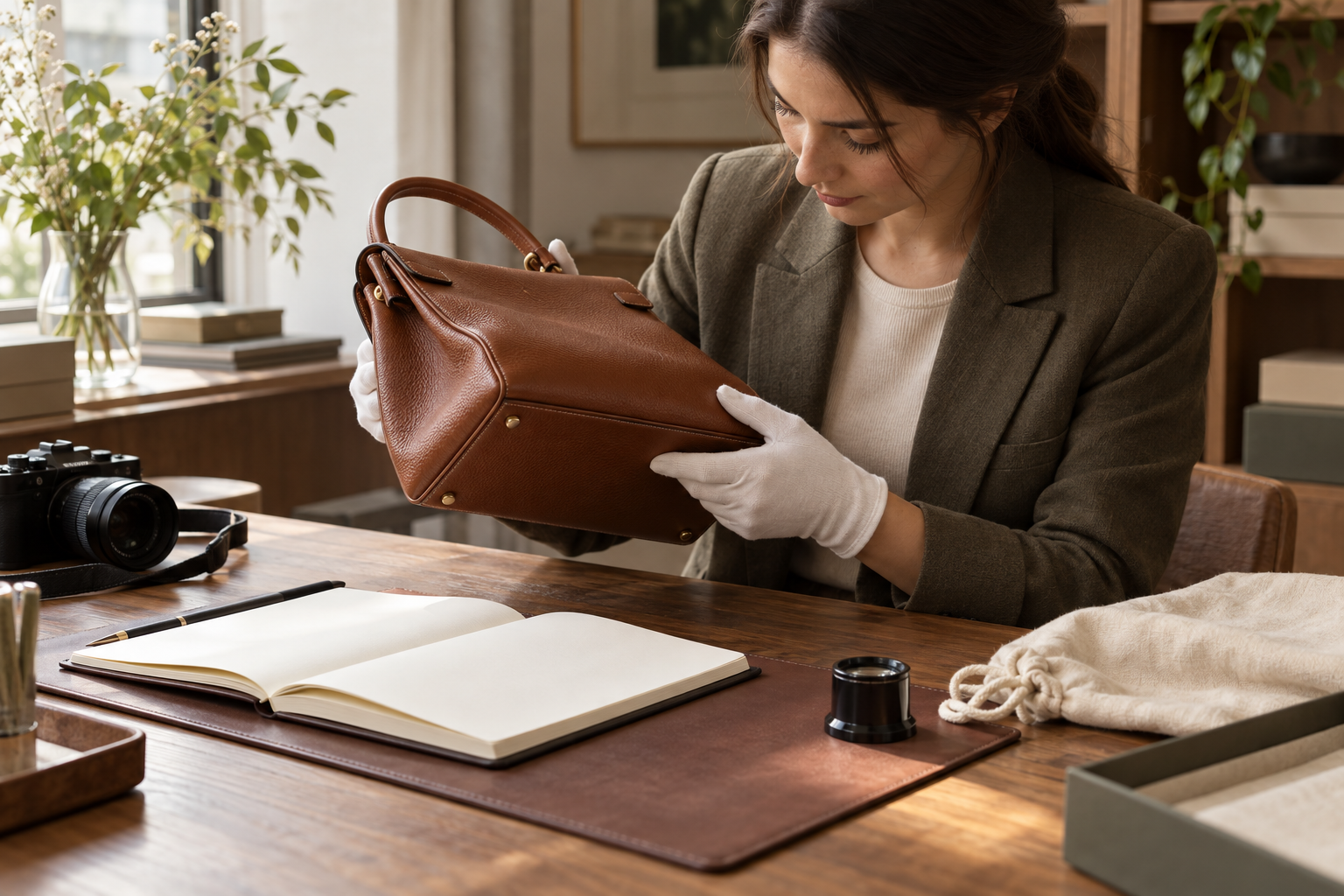 A resale specialist documenting a bag’s condition and provenance
